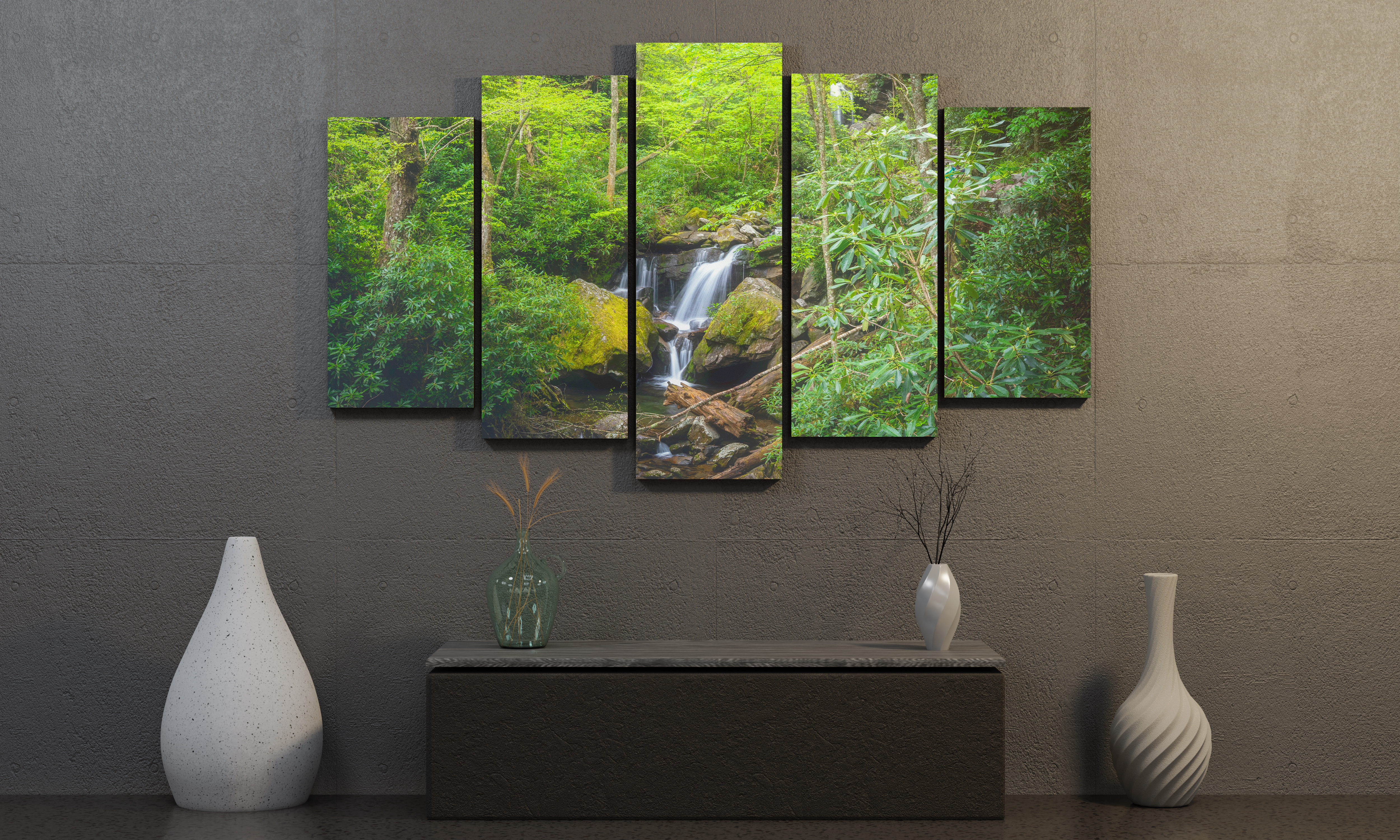 Grotto Falls Smoky Mountains five panel canvas art in room by Dan Sproul